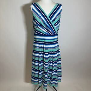 Lands End Mint Blue White Striped Surplice Sleeveless Dress Womens Medium 10-12